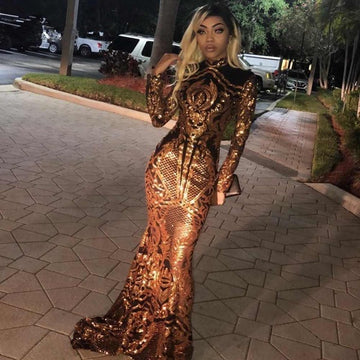 High Neck Golden Appliques Long Sleeve Mermaid Evening Gowns JTE268