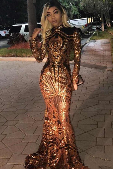 High Neck Golden Appliques Long Sleeve Mermaid Evening Gowns JTE268