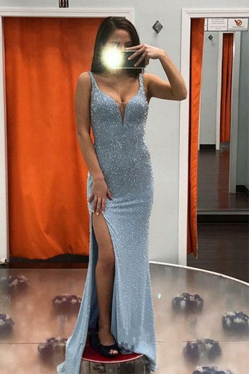 Light Blue Spaghetti Strap Sheath Evening Gowns JTE270