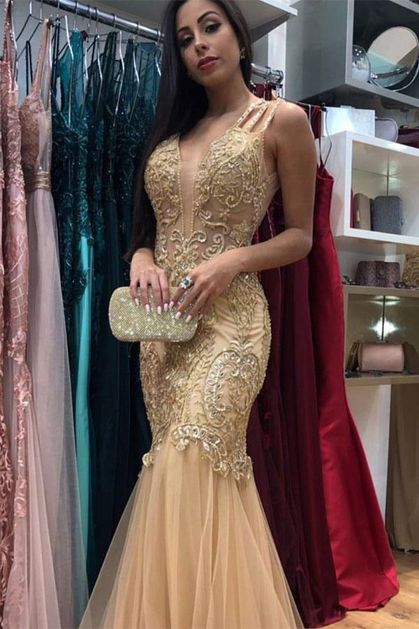 Gold V-neck Beaded Lace Appliques Mermaid Evening Gowns JTE273