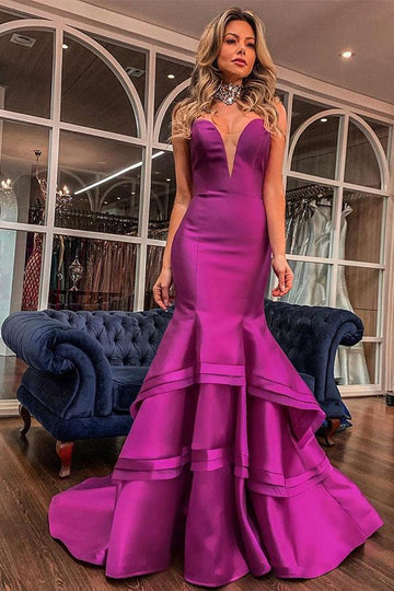 Dark Fuchsia Deep V-neck Ruffles Mermaid Evening Gown JTE277