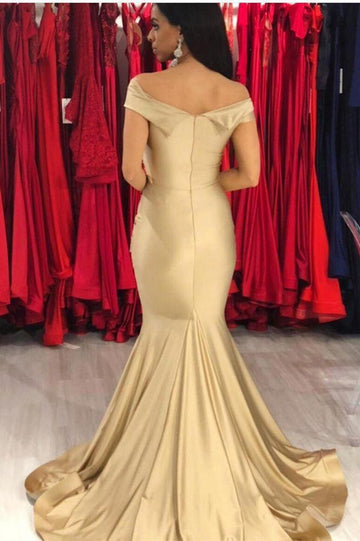 Off-the-Shoulder Satin V-neck Mermaid Champagne Evening Gown JTE280