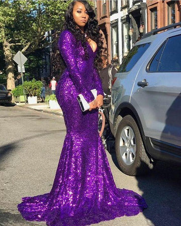Trendy Purple Sparkle Sequins V-neck Long Sleeve Mermaid Evening Gown JTE281