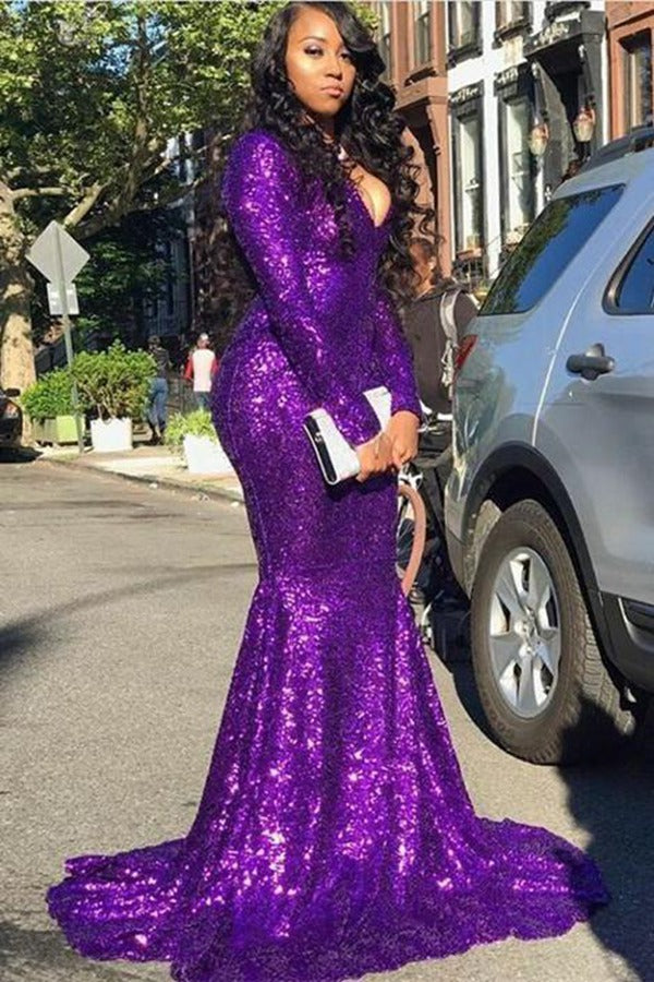 Trendy Purple Sparkle Sequins V-neck Long Sleeve Mermaid Evening Gown JTE281