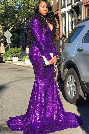 Trendy Purple Sparkle Sequins V-neck Long Sleeve Mermaid Evening Gown JTE281