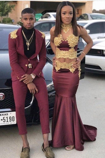 Dark Burgundy Halter Two-piece Appliques Mermaid Evening Gown JTE283