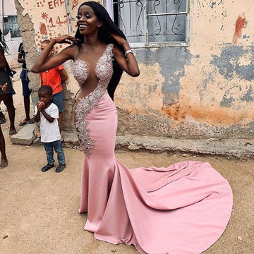 Pink Lace Appliques Court Train Sheer Mermaid Evening Gown JTE284