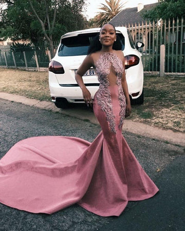 Trendy Pink Sheer Appliques Mermaid Evening Gown JTE285
