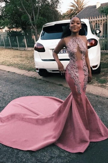 Trendy Pink Sheer Appliques Mermaid Evening Gown JTE285