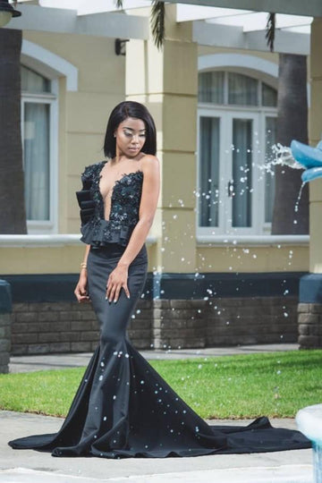 Black Mermaid Deep V-neck Ruffles Appliques Evening Gown JTE286