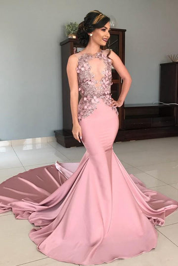 Pink Appliques Mermaid Evening Gown JTE287