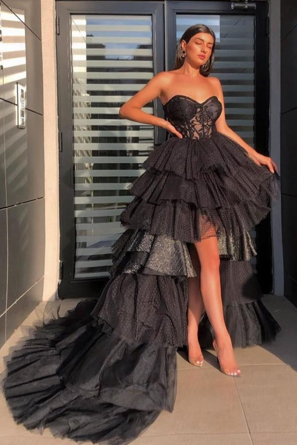 Black Sweetheart Hi-Lo Sheer Ruffles Prom Gown JTE290