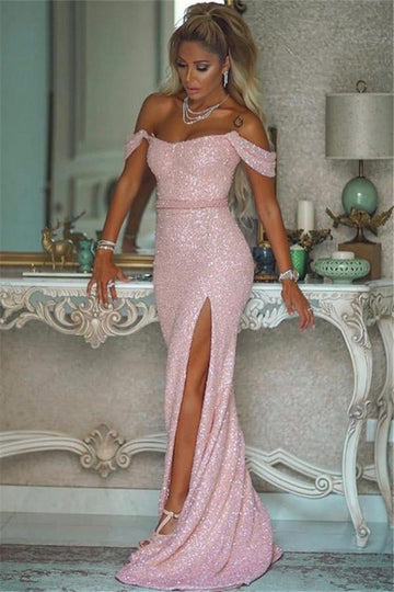 Pink Sequins Slit Off-the-Shoulder Evening Gowns JTE291
