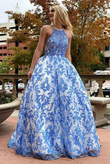 Blue Halter Lace Ball Gown Prom Gowns JTE294