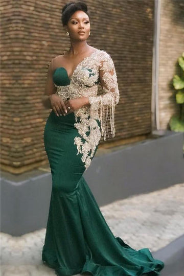 Dark Green Mermaid Appliques One Shoulder Evening Gowns JTE296