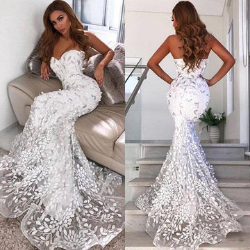 White Lace Appliques Mermaid Evening Gowns JTE299