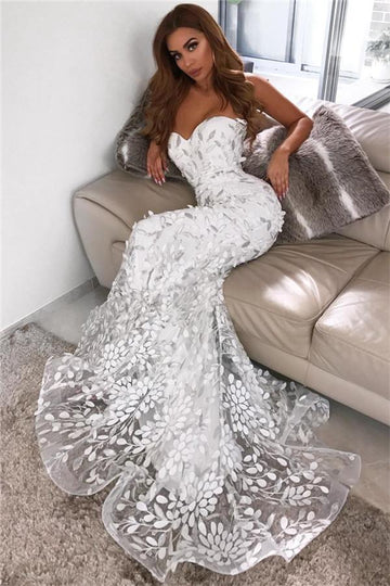 White Lace Appliques Mermaid Evening Gowns JTE299