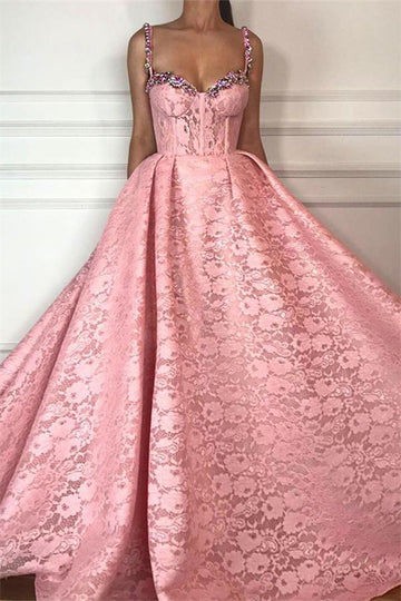 Ball Gown Straps Sweetheart Pink Lace Beading Prom Dress JTE303