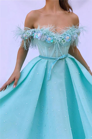 Turquoise Off-the-Shoulder Prom Dress JTE304