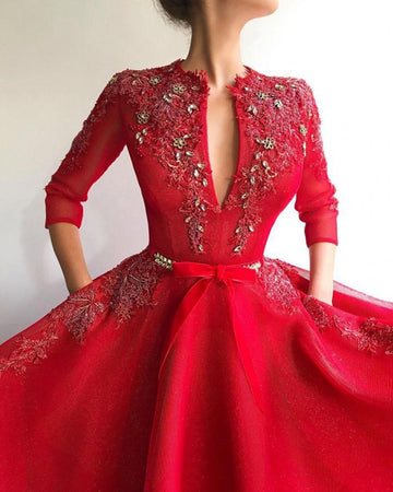 V-neck Red 3/4 Sleeves Appliques Party Gowns JTE305