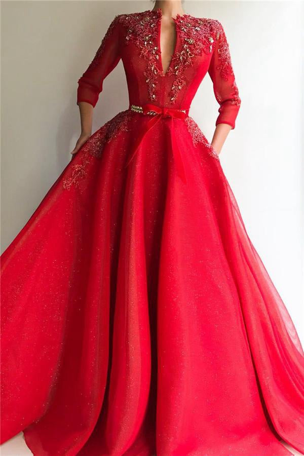 V-neck Red 3/4 Sleeves Appliques Party Gowns JTE305