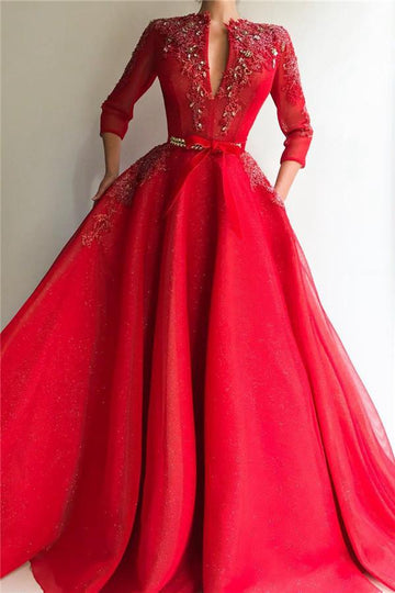 V-neck Red 3/4 Sleeves Appliques Party Gowns JTE305