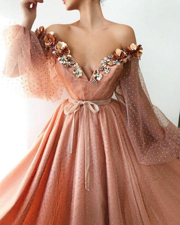 Pink Off-the-Shoulder V-neck Beading Long Sleeve Party Gowns JTE306