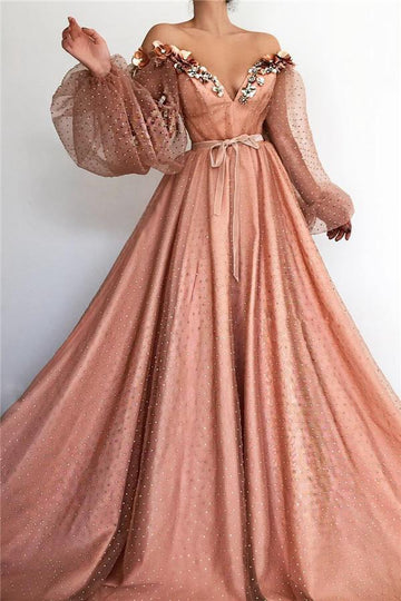 Pink Off-the-Shoulder V-neck Beading Long Sleeve Party Gowns JTE306