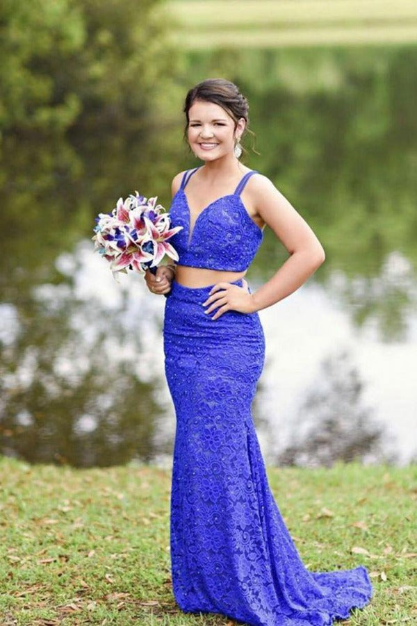 Spaghetti Straps Two Piece Lace V-neck Royal Blue Evening Gowns JTE308