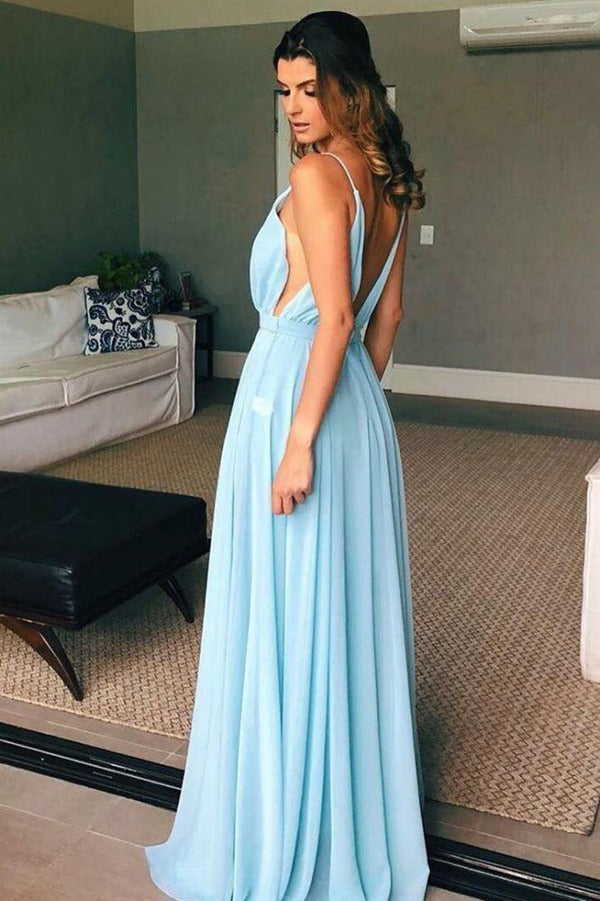 Spaghetti Straps Light Blue V-neck Evening Gowns JTE309