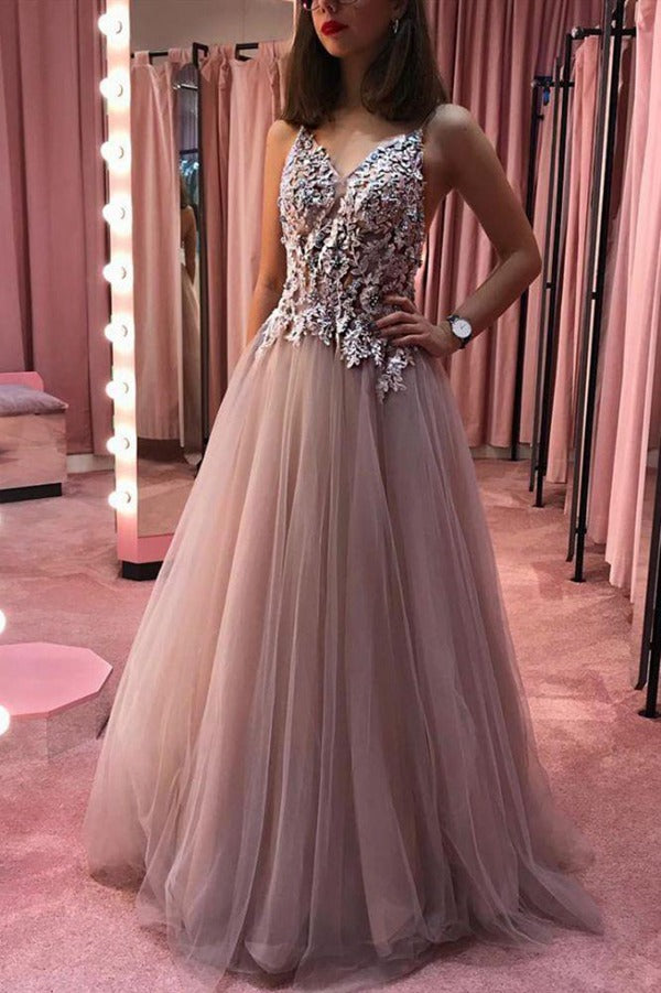 Dusty Pink Appliques Beading V-neck Evening Gowns JTE310