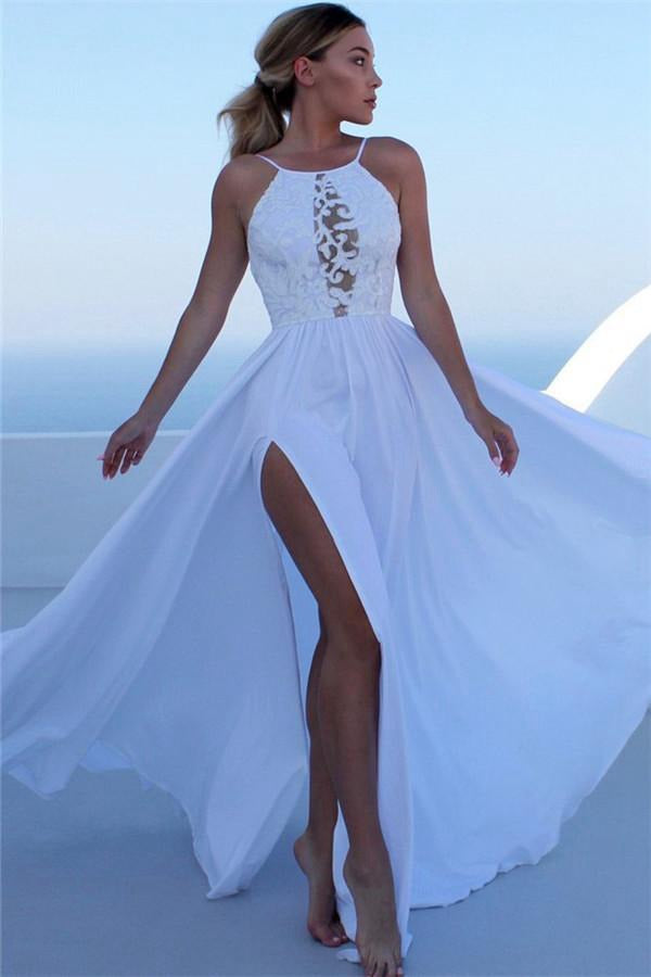 White A-Line Halter Side-Slit Evening Gowns JTE316