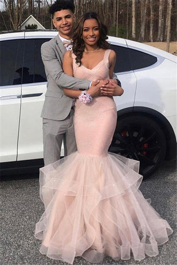 Pink Tulle V-Neck Mermaid Falbala Evening Gowns JTE317