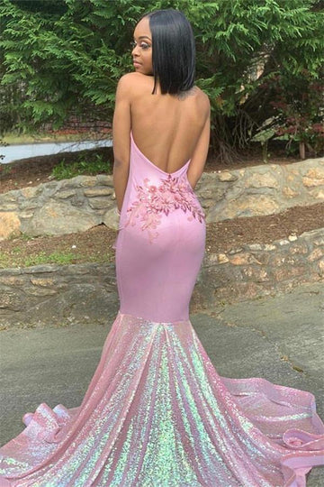 Trendy Pink Halter Ruffles Mermaid Evening Gowns JTE318