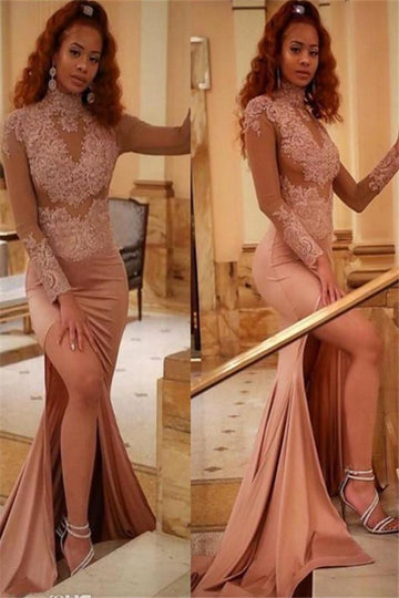 High Neck Lace Long Sleeve Mermaid Side Slit Evening Gown JTE320