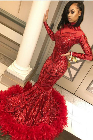 Red High Neck Mermaid Long Sleeves Evening Gown JTE323