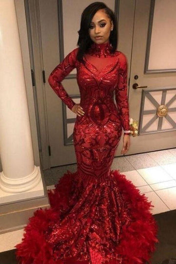 Red High Neck Mermaid Long Sleeves Evening Gown JTE323