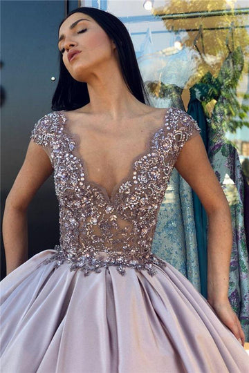 Pink V-neck Beading Ball Gown Prom Dress JTE324