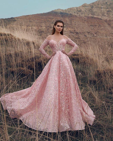 Pink Off-The-Shoulder Long-Sleeves Lace Applique Princess Prom Dress JTE325