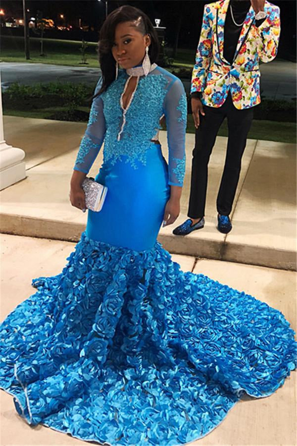Plus Size Blue Lone-Sleeves Mermaid Evening Gown JTE326