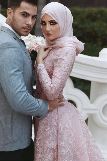 Pink Detachable Long-Sleeves Appliques Lace Mermaid Evening Gown JTE328