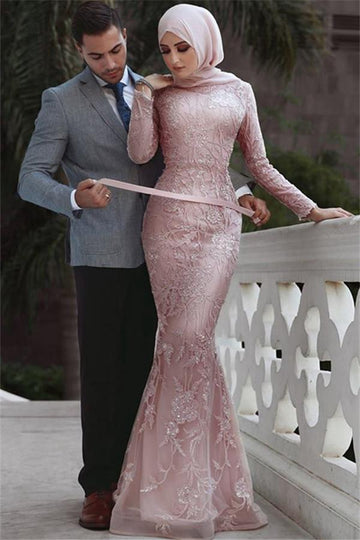 Pink Detachable Long-Sleeves Appliques Lace Mermaid Evening Gown JTE328