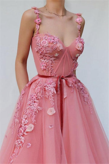 Trendy Pink A-line Spaghetti Flower Applique Prom Dress JTE329