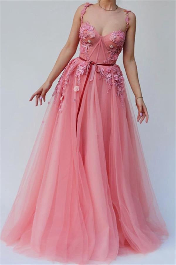 Trendy Pink A-line Spaghetti Flower Applique Prom Dress JTE329