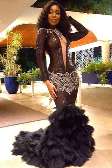 Black Mermaid Long Sleeves Deep V-Neck Applique Evening Gown JTE330