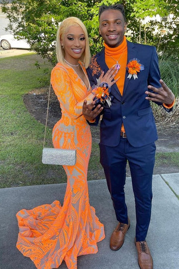 Long Sleeve Mermaid V-neck Orange Sparkle Evening Gown JTE331
