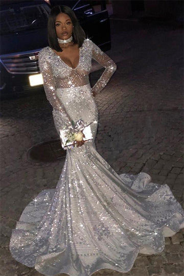 White V-Neck Long Sleeve Sequins Mermaid Evening Gown JTE332