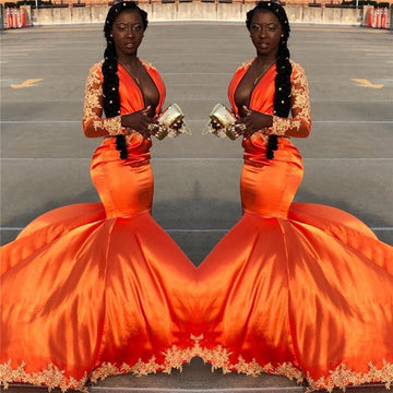 Bright Orange Long Sleeve Deep V-Neck Appliques Mermaid Evening Gown JTE333