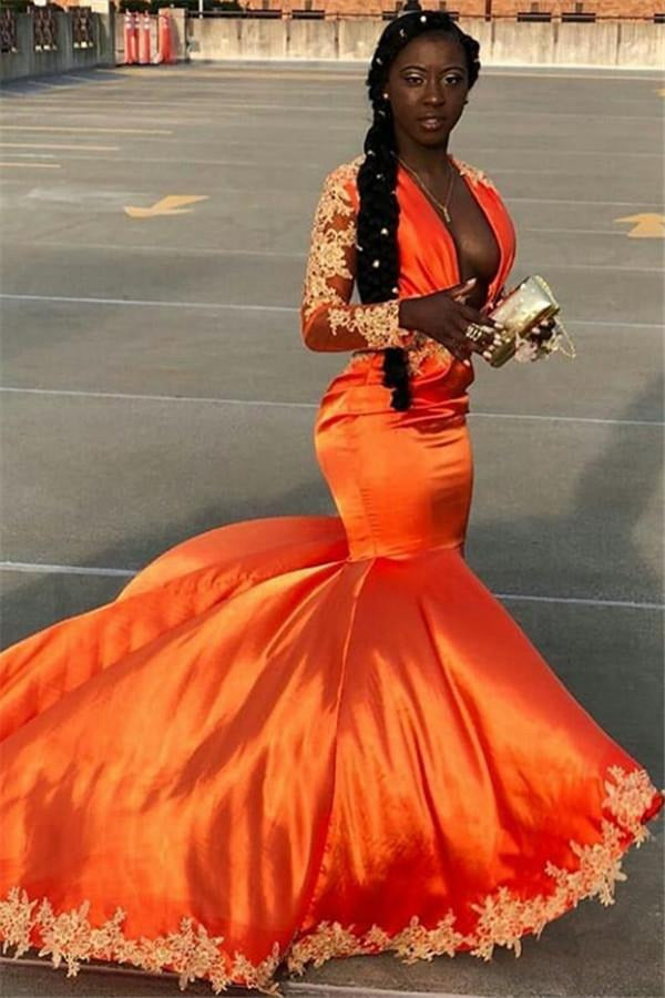 Bright Orange Long Sleeve Deep V-Neck Appliques Mermaid Evening Gown JTE333