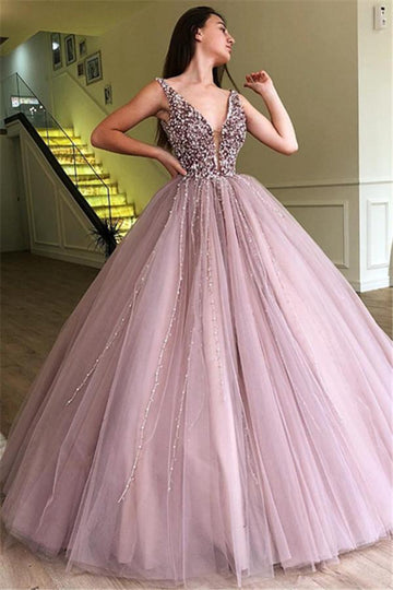 Dusty Purple Ball Gown Tulle Straps Prom Gowns JTE336
